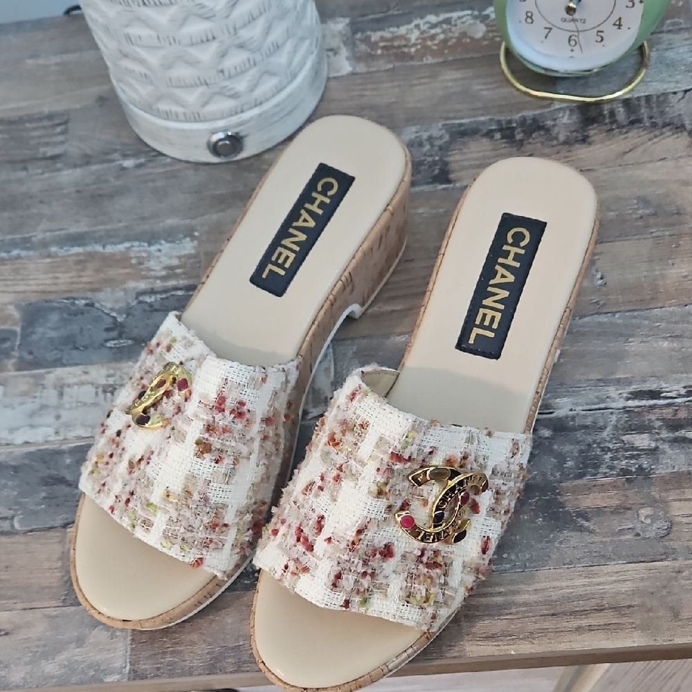 Chanel Cream and Gold Mules with Vintage Floral Charm